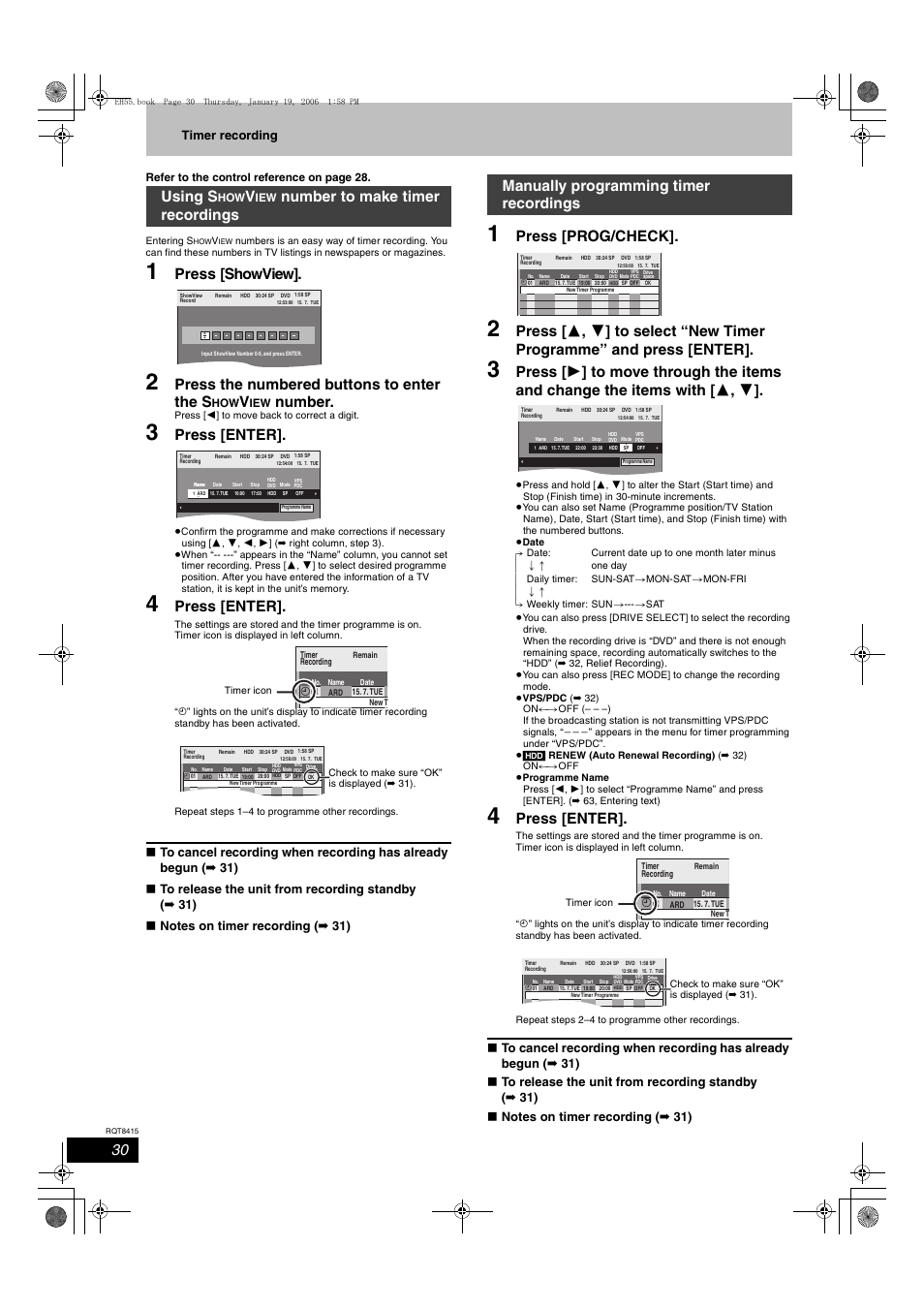 Press [showview, Press the numbered buttons to enter the s, Number | Press [enter, Press [prog/check, Using s, Number to make timer recordings, Manually programming timer recordings, Timer recording | Panasonic DMR-EH55 User Manual | Page 30 / 84