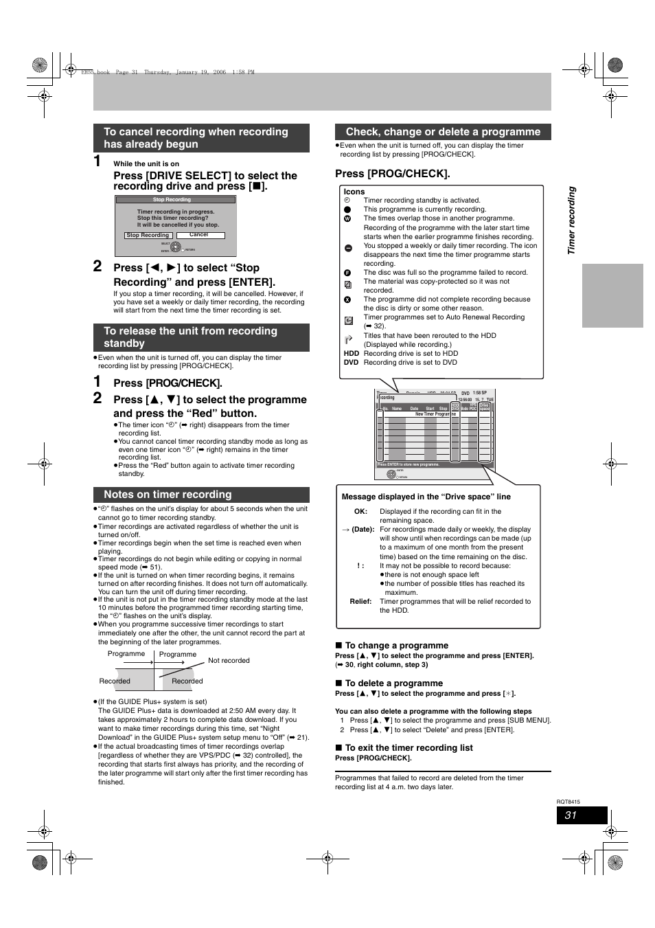 Press [prog/check, Check, change or delete a programme | Panasonic DMR-EH55 User Manual | Page 31 / 84