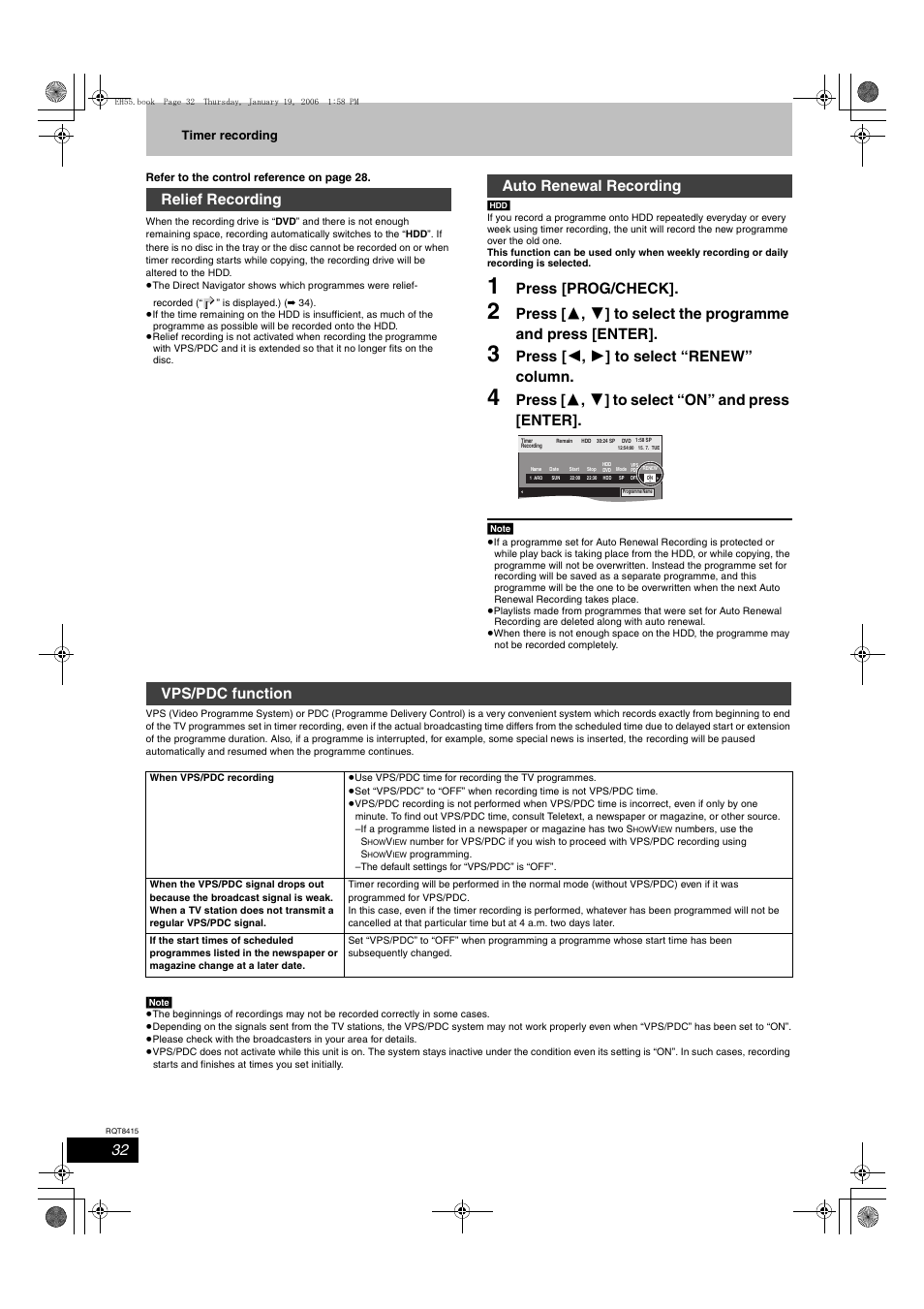 Press [prog/check, Press [ 2 , 1 ] to select “renew” column, Press [ 3 , 4 ] to select “on” and press [enter | Relief recording auto renewal recording, Vps/pdc function | Panasonic DMR-EH55 User Manual | Page 32 / 84