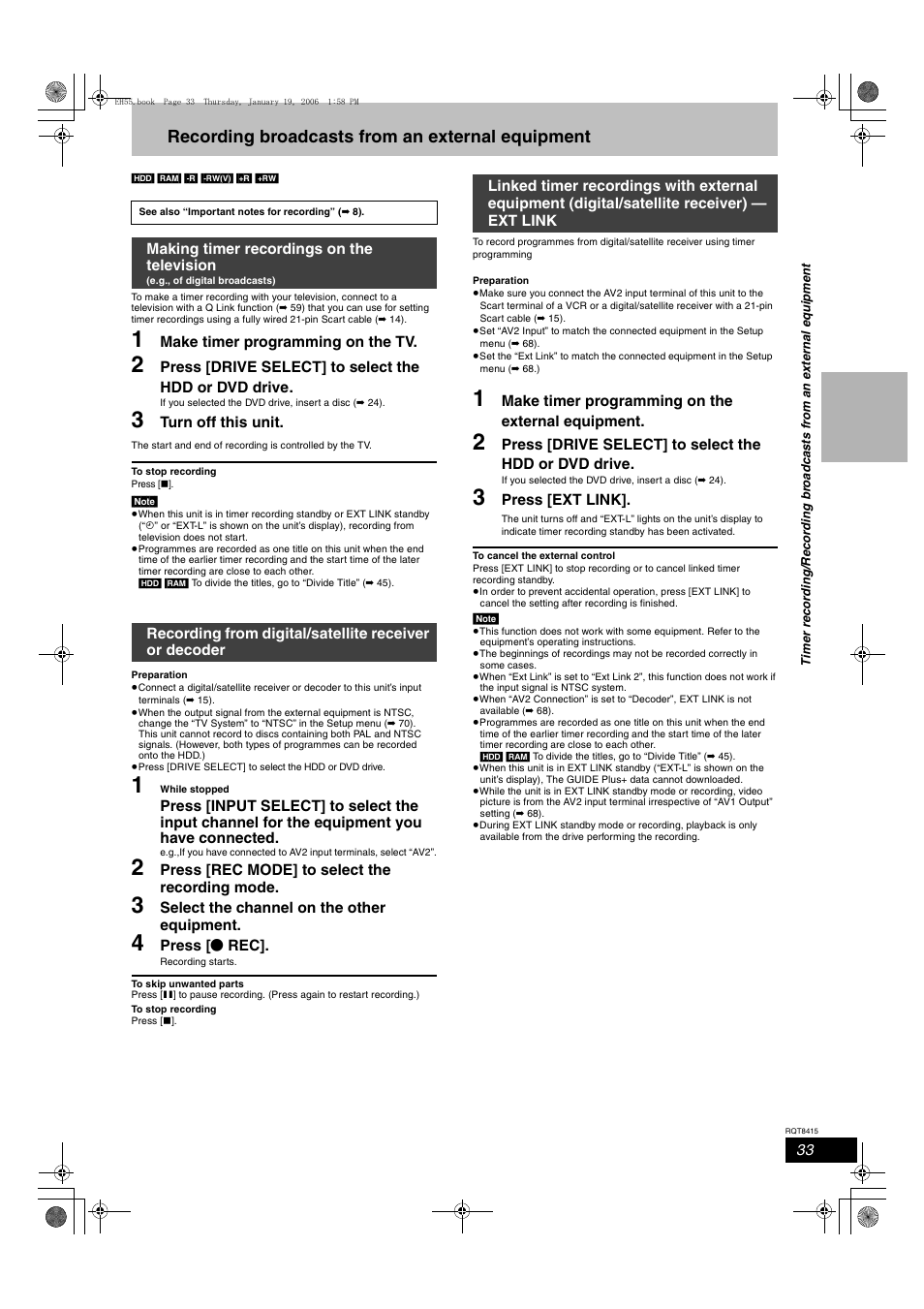 Recording broadcasts from an external equipment | Panasonic DMR-EH55 User Manual | Page 33 / 84