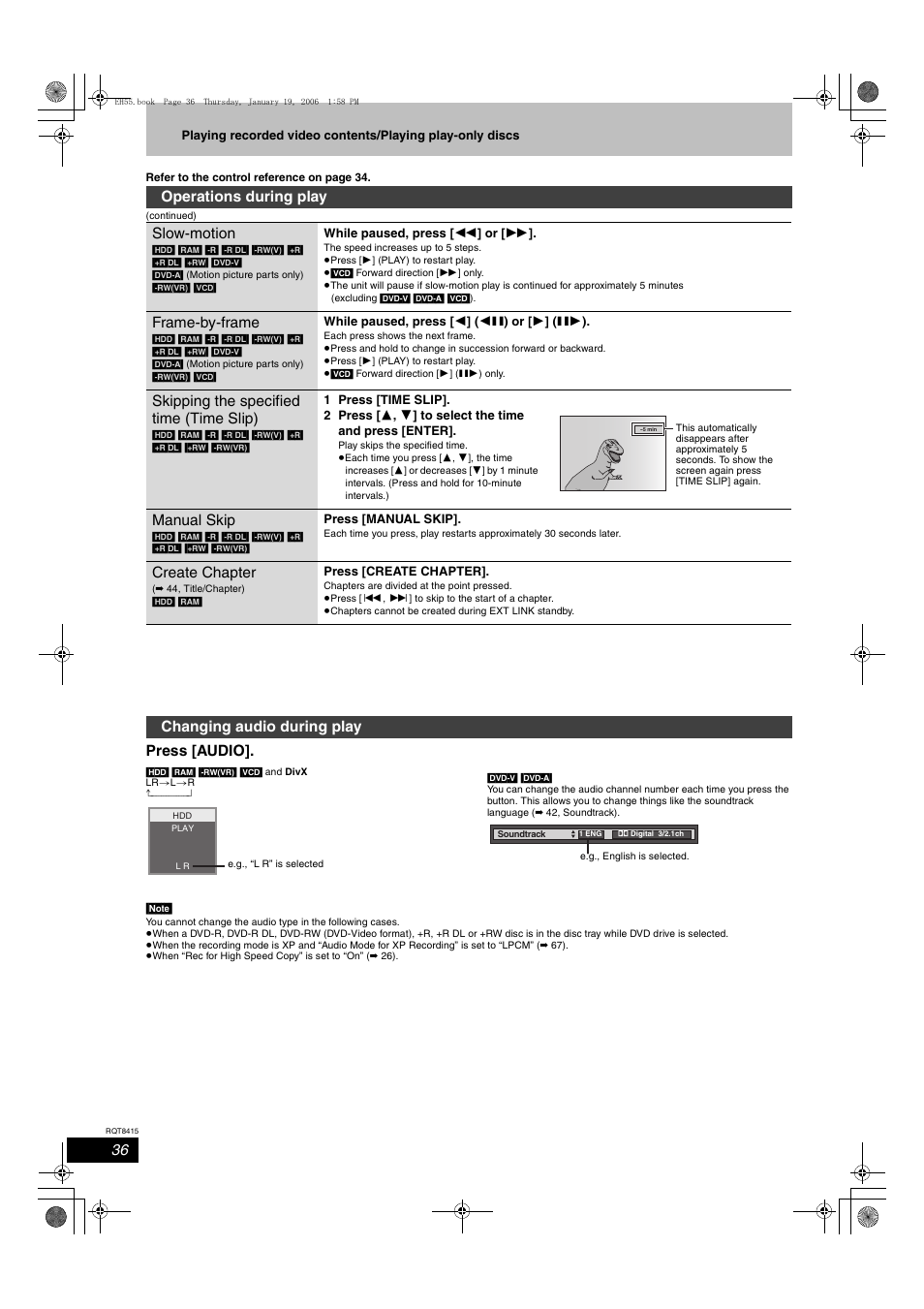 Press [audio, Operations during play slow-motion, Frame-by-frame | Skipping the specified time (time slip), Manual skip, Create chapter, Changing audio during play | Panasonic DMR-EH55 User Manual | Page 36 / 84