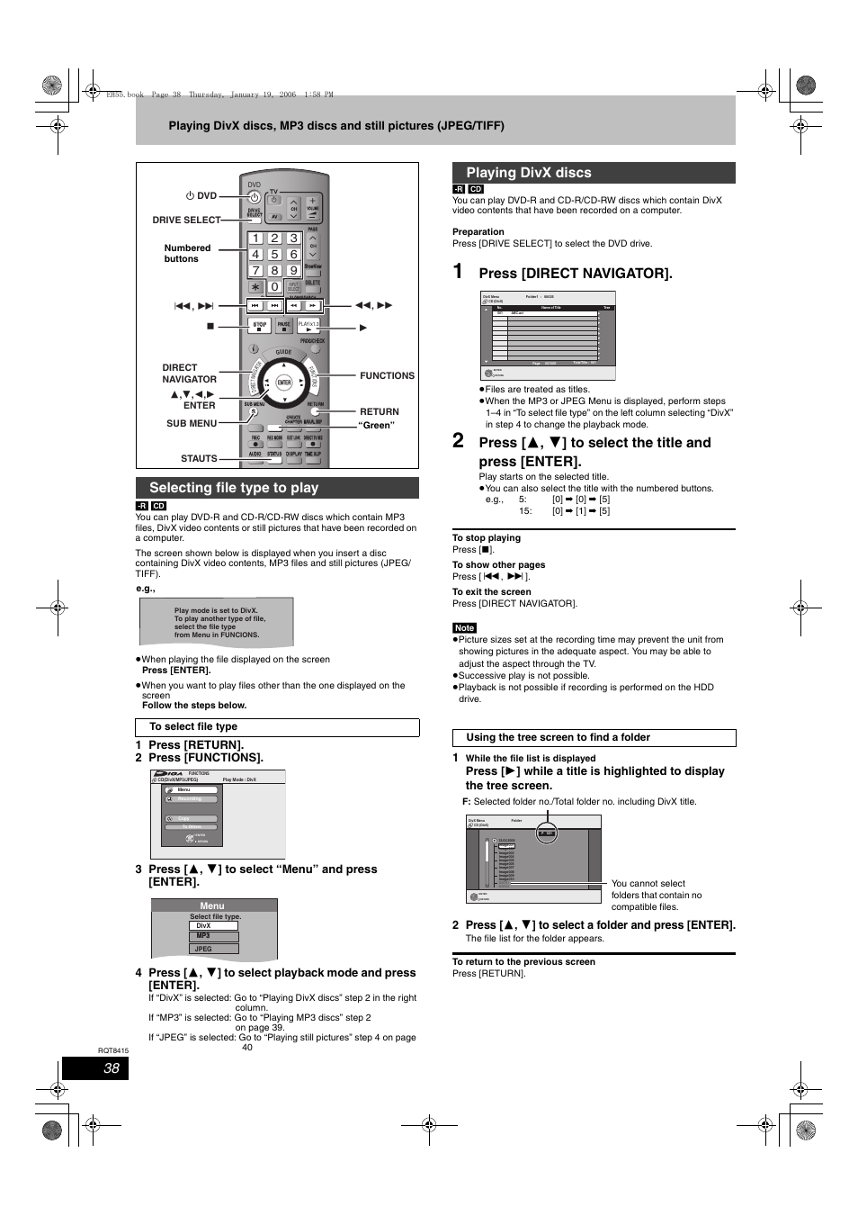 Press [direct navigator, Selecting file type to play, Playing divx discs | Panasonic DMR-EH55 User Manual | Page 38 / 84