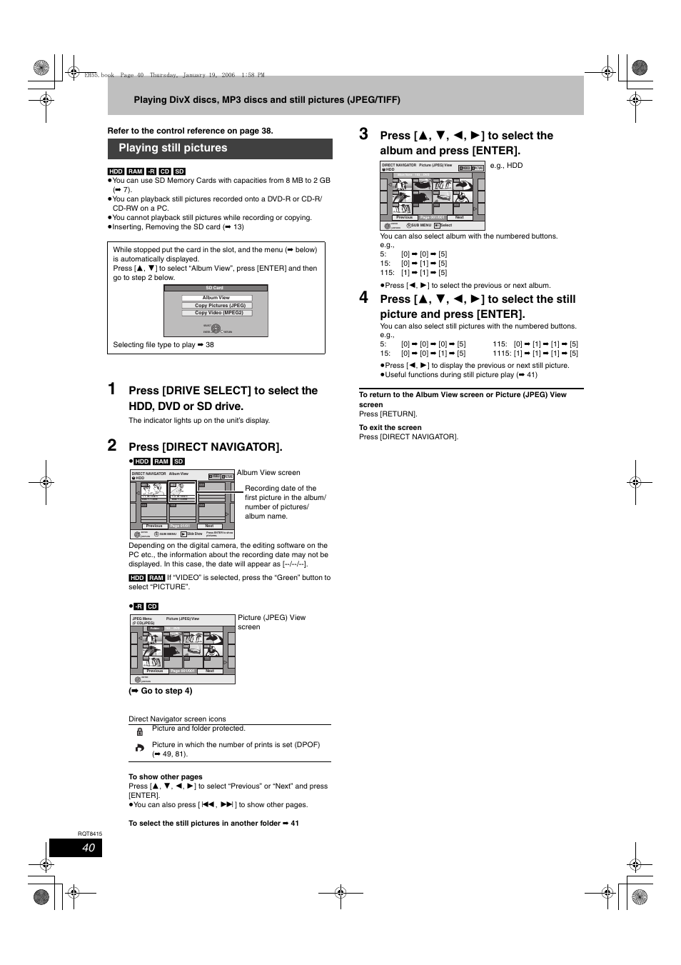 Press [direct navigator, Playing still pictures | Panasonic DMR-EH55 User Manual | Page 40 / 84