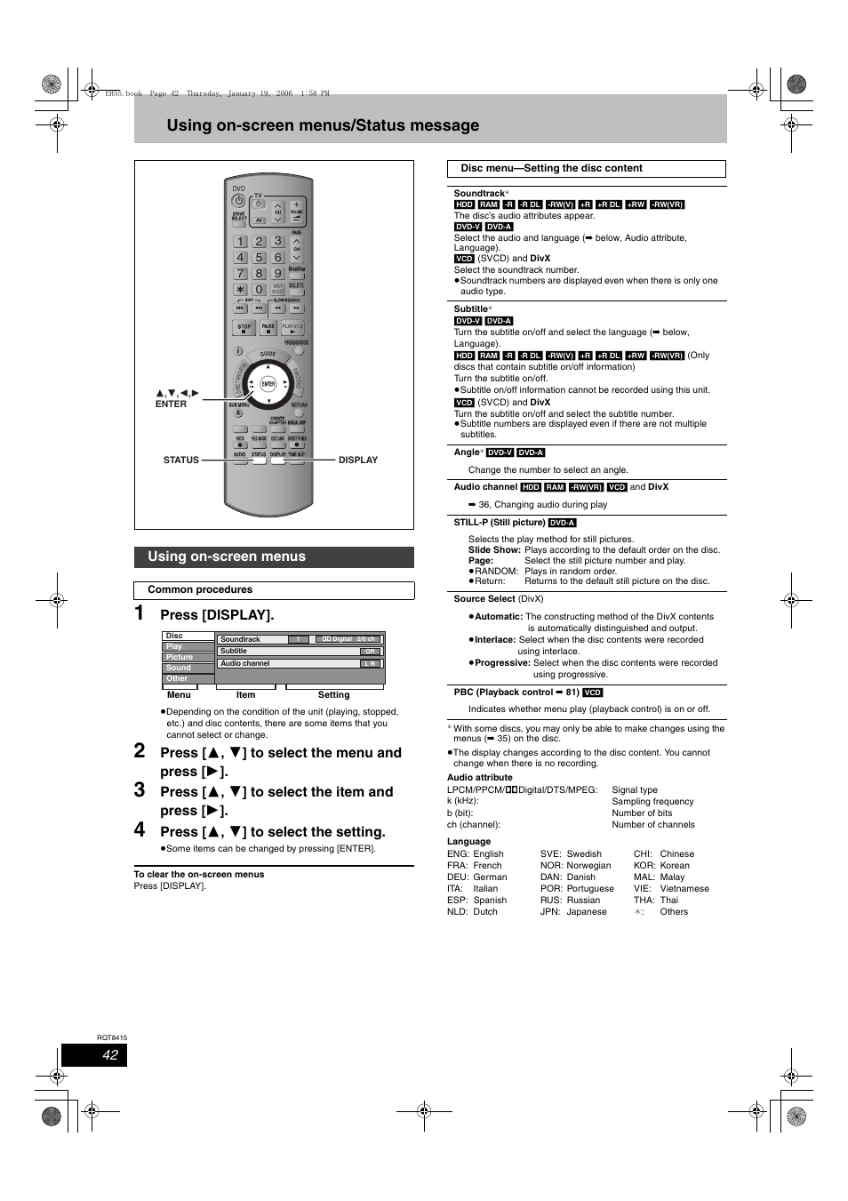 Using on-screen menus/status message, Press [display, Press [ 3 , 4 ] to select the menu and press [ 1 | Press [ 3 , 4 ] to select the item and press [ 1, Press [ 3 , 4 ] to select the setting, Using on-screen menus | Panasonic DMR-EH55 User Manual | Page 42 / 84