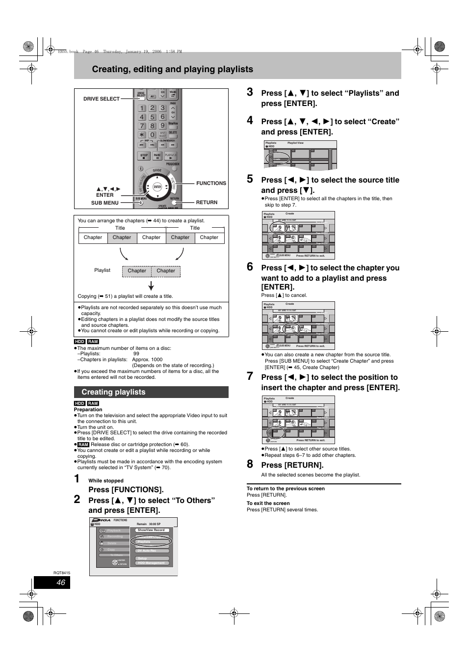Creating, editing and playing playlists, Press [functions, Press [return | Creating playlists | Panasonic DMR-EH55 User Manual | Page 46 / 84