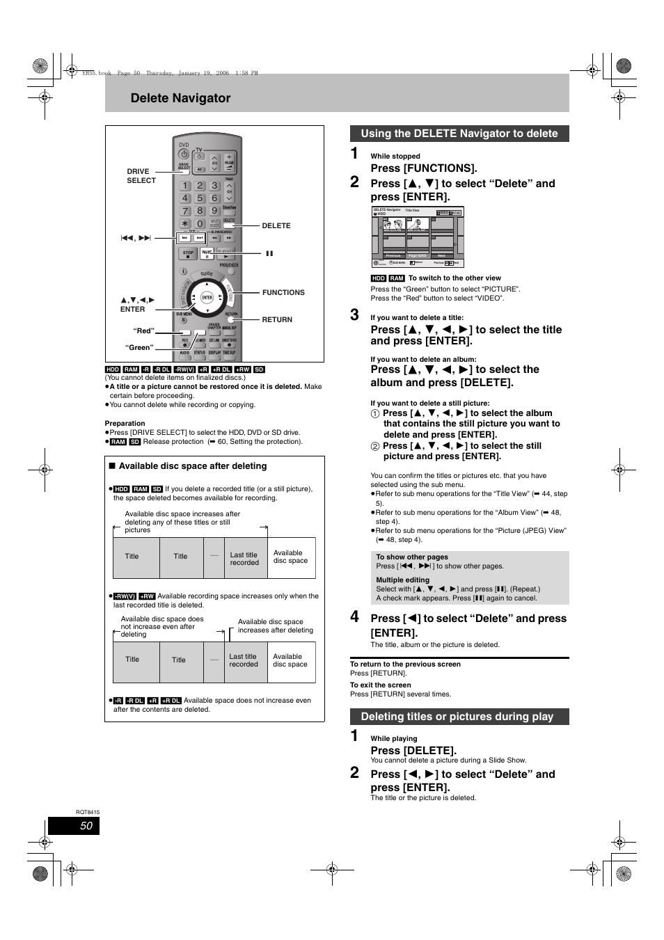 Delete navigator, Press [functions, Press [ 2 ] to select “delete” and press [enter | Press [delete, Using the delete navigator to delete, Deleting titles or pictures during play, Available disc space after deleting | Panasonic DMR-EH55 User Manual | Page 50 / 84