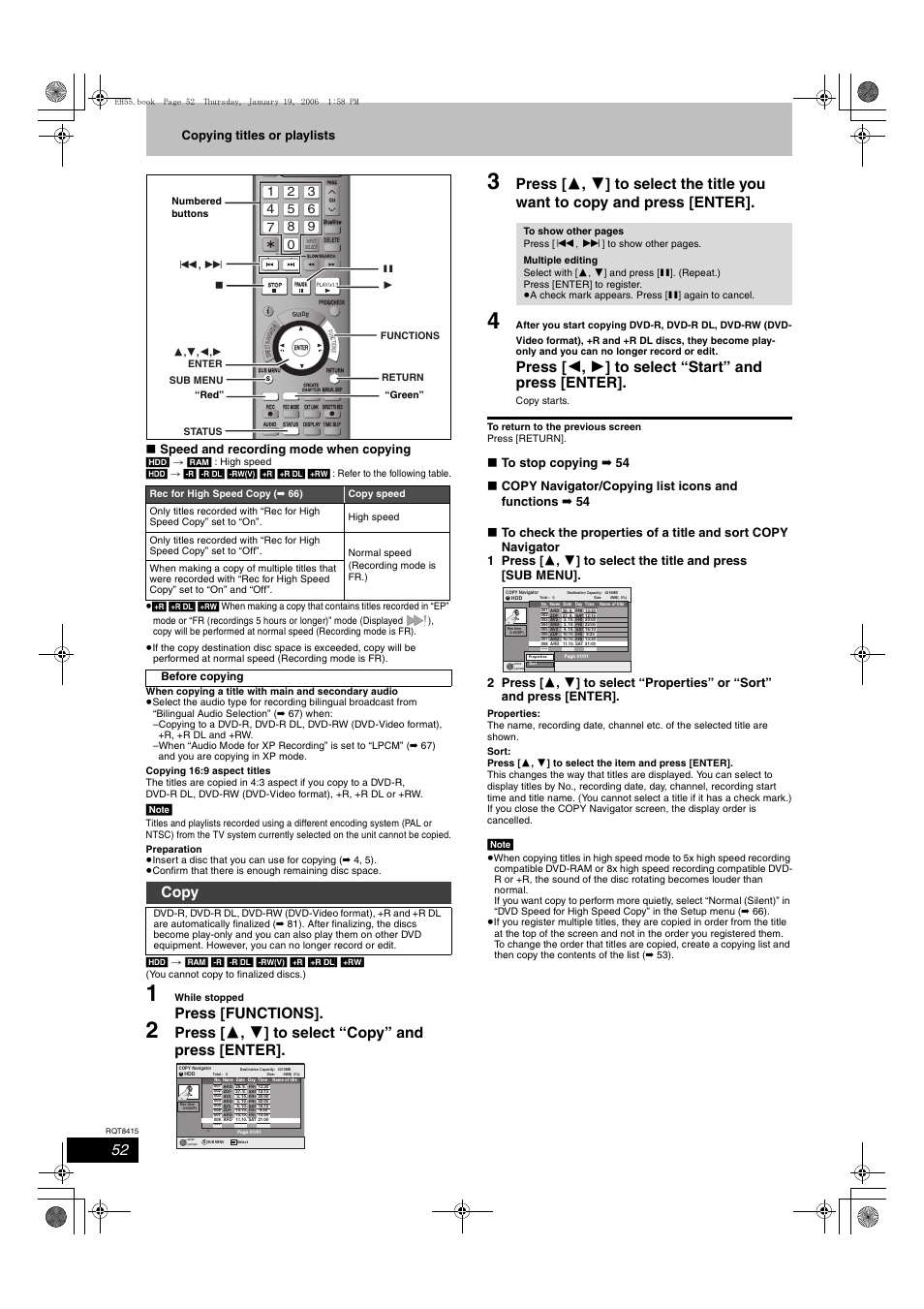 Press [functions, Press [ 3 , 4 ] to select “copy” and press [enter, Press [ 2 , 1 ] to select “start” and press [enter | Copy | Panasonic DMR-EH55 User Manual | Page 52 / 84
