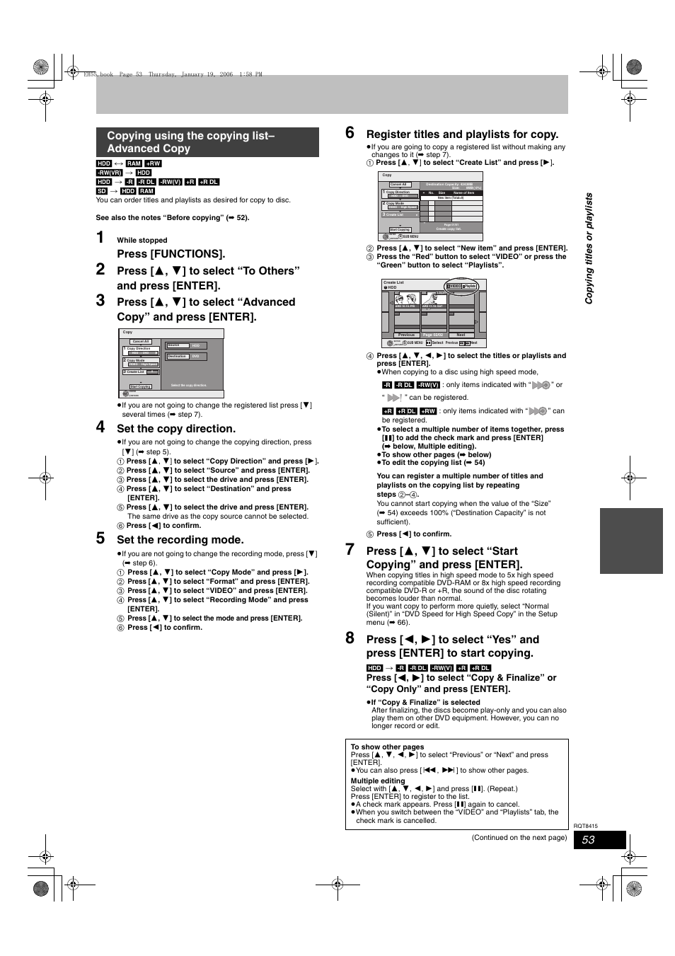 Press [functions, Set the copy direction, Set the recording mode | Register titles and playlists for copy, Copying using the copying list– advanced copy, Cop y ing title s or pla y li s ts | Panasonic DMR-EH55 User Manual | Page 53 / 84