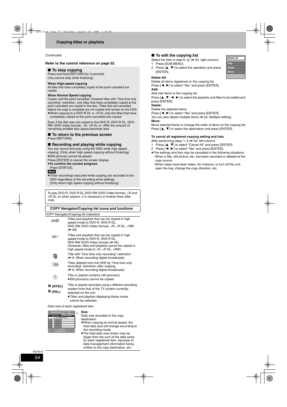 Copying titles or playlists, Recording and playing while copying | Panasonic DMR-EH55 User Manual | Page 54 / 84