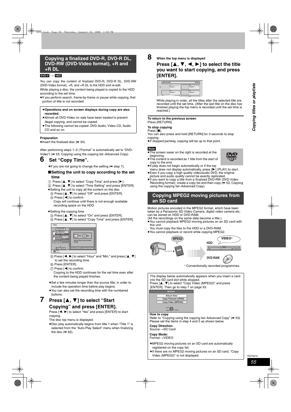 Set “copy time, Copying mpeg2 moving pictures from an sd card, Setting the unit to copy according to the set time | Cop y ing title s or pla y li s ts | Panasonic DMR-EH55 User Manual | Page 55 / 84