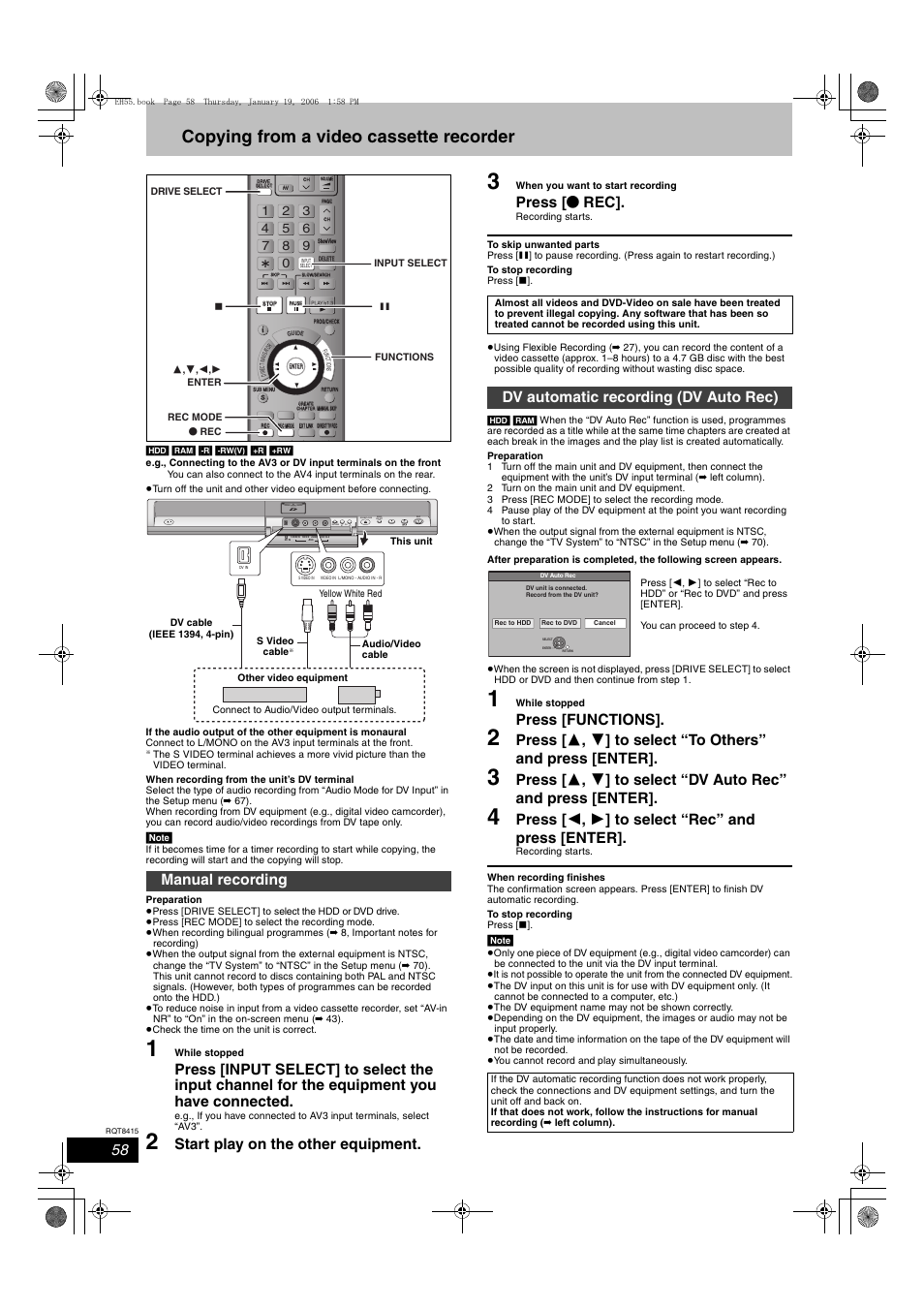 Copying from a video cassette recorder, Start play on the other equipment, Press [ ¥ rec | Press [functions, Press [ 2 , 1 ] to select “rec” and press [enter, Manual recording, Dv automatic recording (dv auto rec), Open/close drive select | Panasonic DMR-EH55 User Manual | Page 58 / 84