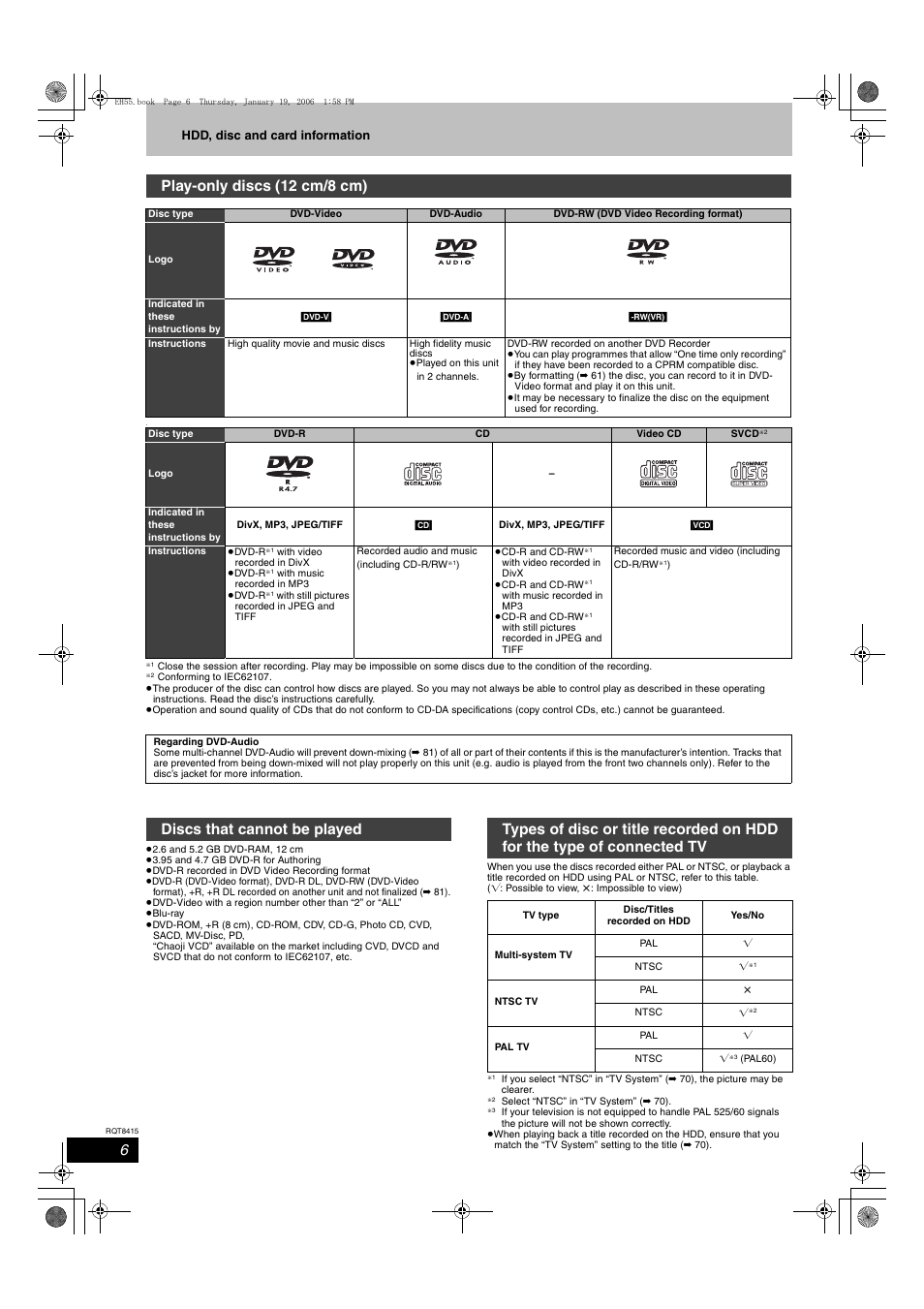 Play-only discs (12 cm/8 cm) | Panasonic DMR-EH55 User Manual | Page 6 / 84