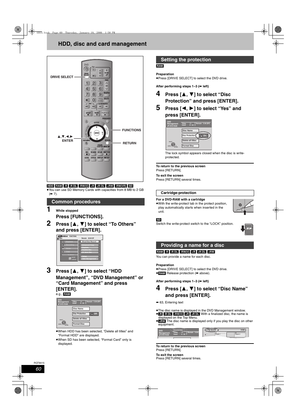 Hdd, disc and card management, Press [functions, Press [ 2 , 1 ] to select “yes” and press [enter | Common procedures, Setting the protection, Providing a name for a disc, Lock | Panasonic DMR-EH55 User Manual | Page 60 / 84