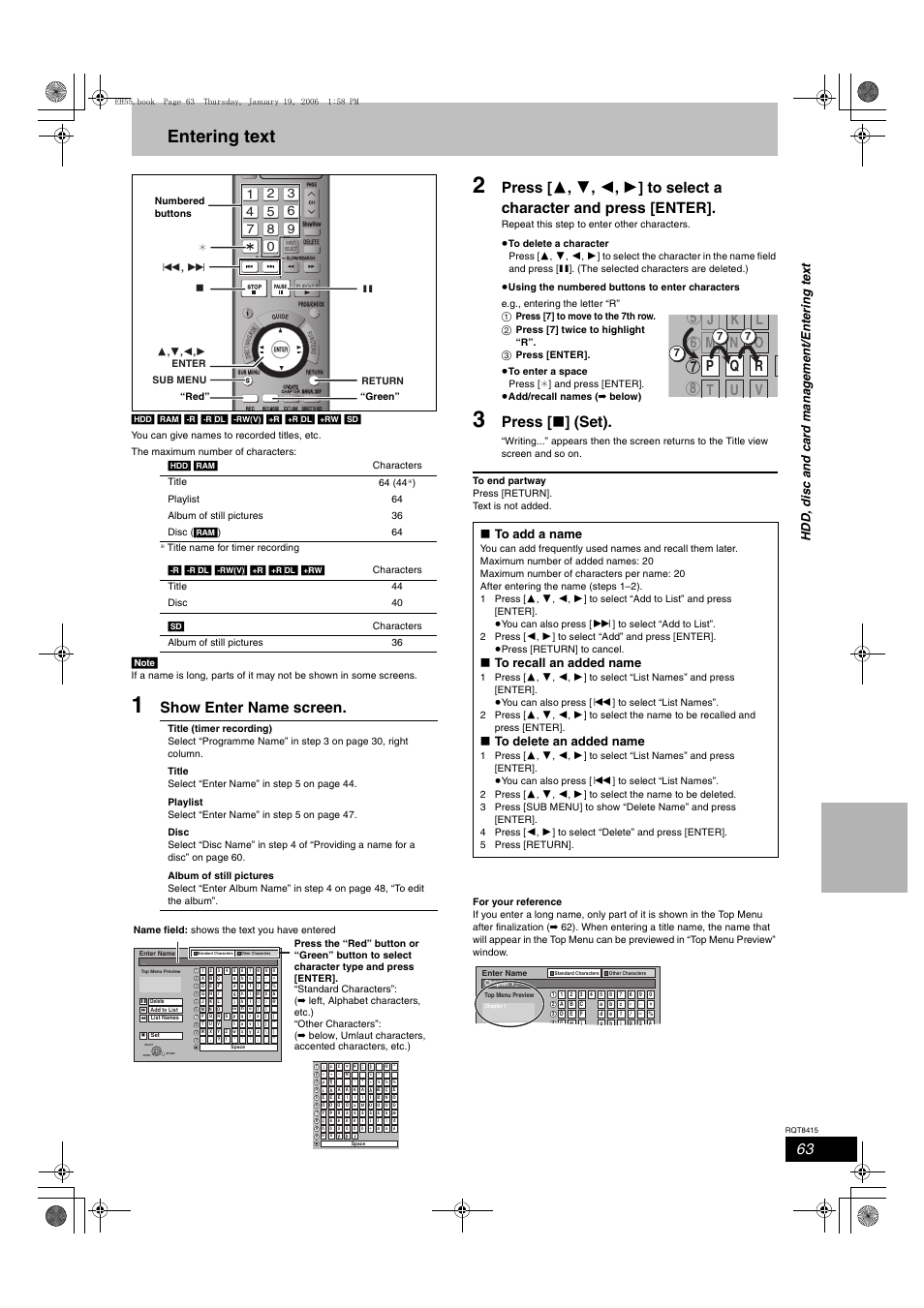 Entering text, Show enter name screen, Press [ ∫ ] (set) | Panasonic DMR-EH55 User Manual | Page 63 / 84