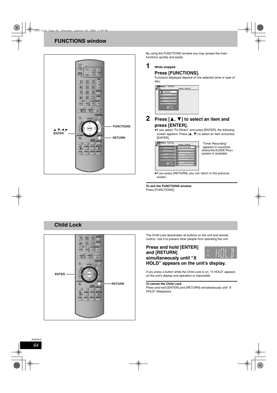 Functions window, Child lock, Press [functions | Press [ 3 , 4 ] to select an item and press [enter | Panasonic DMR-EH55 User Manual | Page 64 / 84