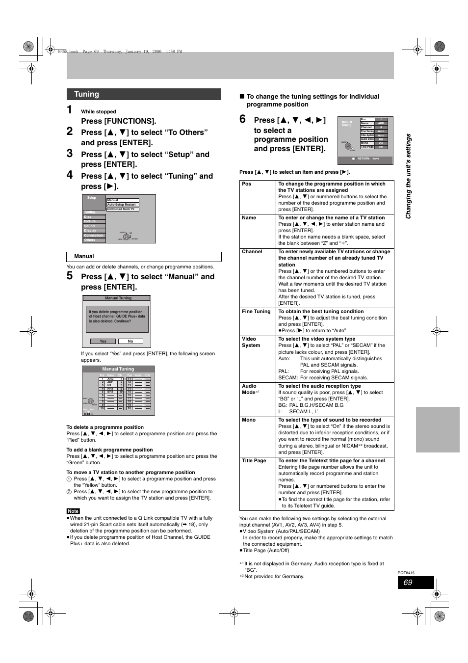 Press [functions, Press [ 3 , 4 ] to select “setup” and press [enter, Press [ 3 , 4 ] to select “tuning” and press [ 1 | Tuning | Panasonic DMR-EH55 User Manual | Page 69 / 84