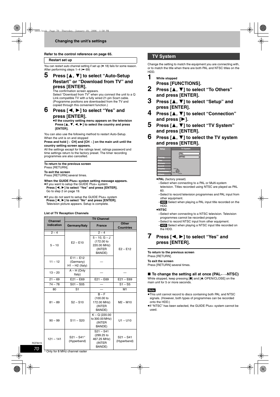 Press [ 2 , 1 ] to select “yes” and press [enter, Press [functions, Press [ 3 , 4 ] to select “setup” and press [enter | Tv system | Panasonic DMR-EH55 User Manual | Page 70 / 84