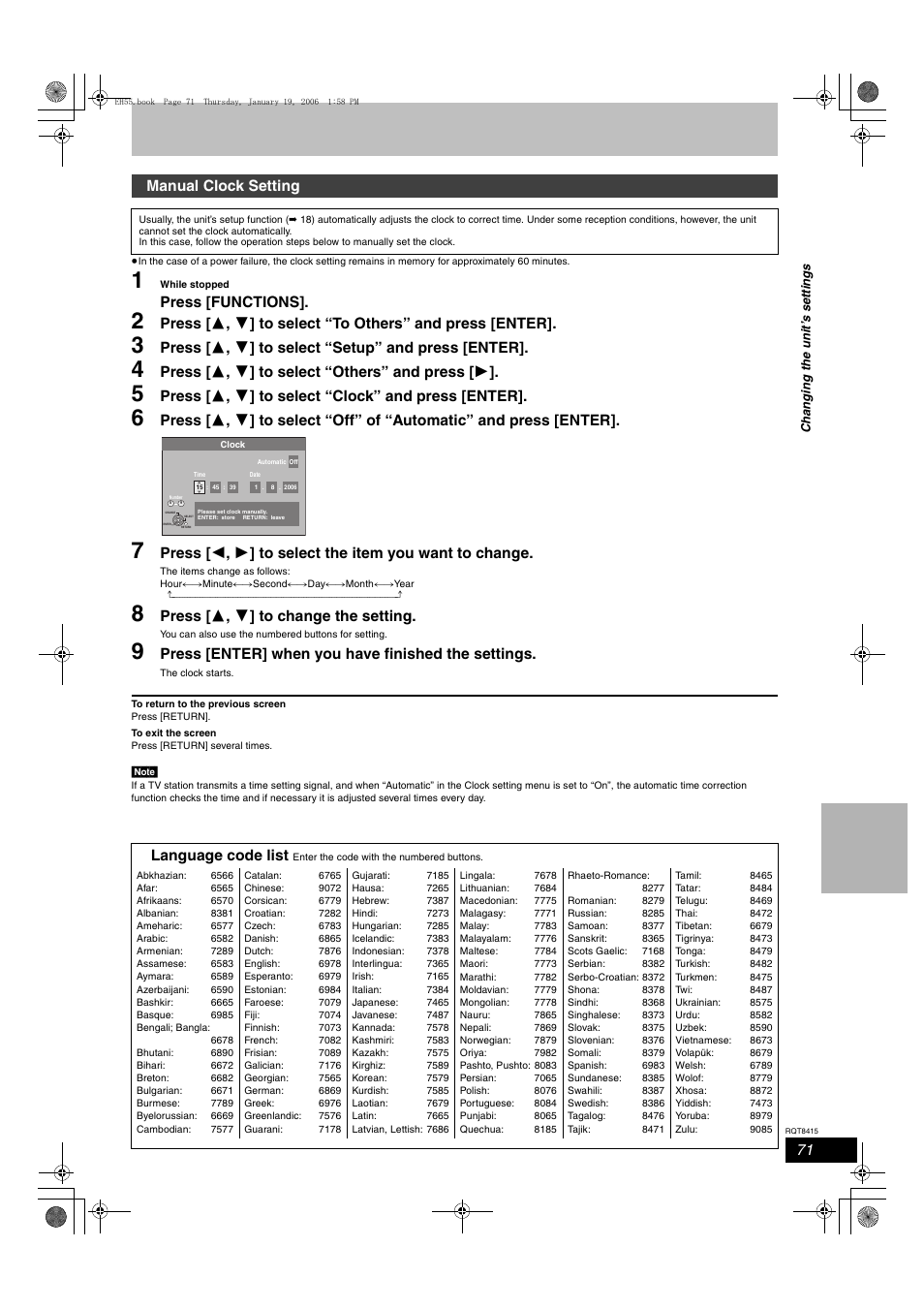 Press [functions, Press [ 3 , 4 ] to select “setup” and press [enter, Press [ 3 , 4 ] to select “others” and press [ 1 | Press [ 3 , 4 ] to select “clock” and press [enter, Press [ 3 , 4 ] to change the setting, Press [enter] when you have finished the settings, Manual clock setting, Language code list | Panasonic DMR-EH55 User Manual | Page 71 / 84