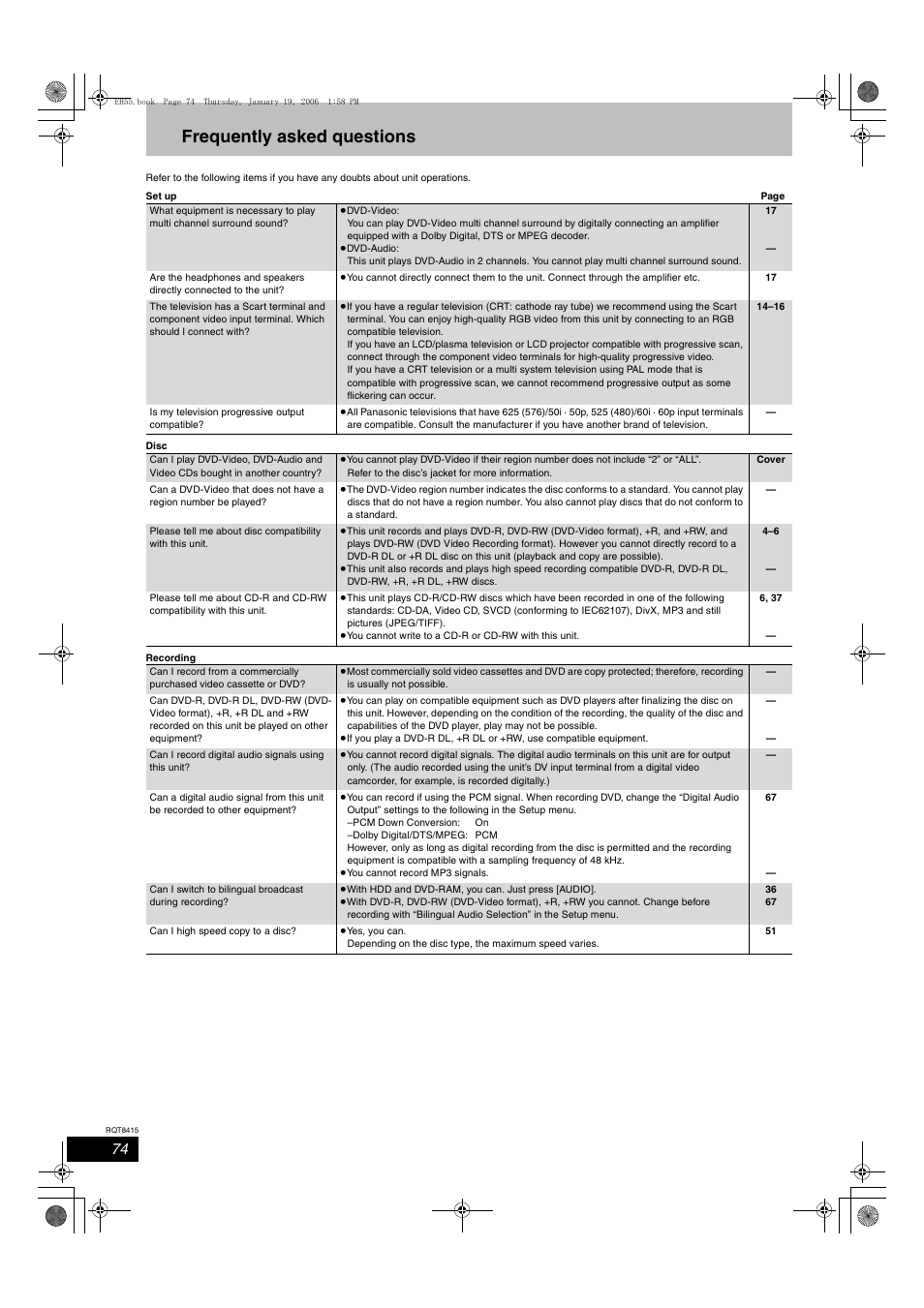 Frequently asked questions | Panasonic DMR-EH55 User Manual | Page 74 / 84