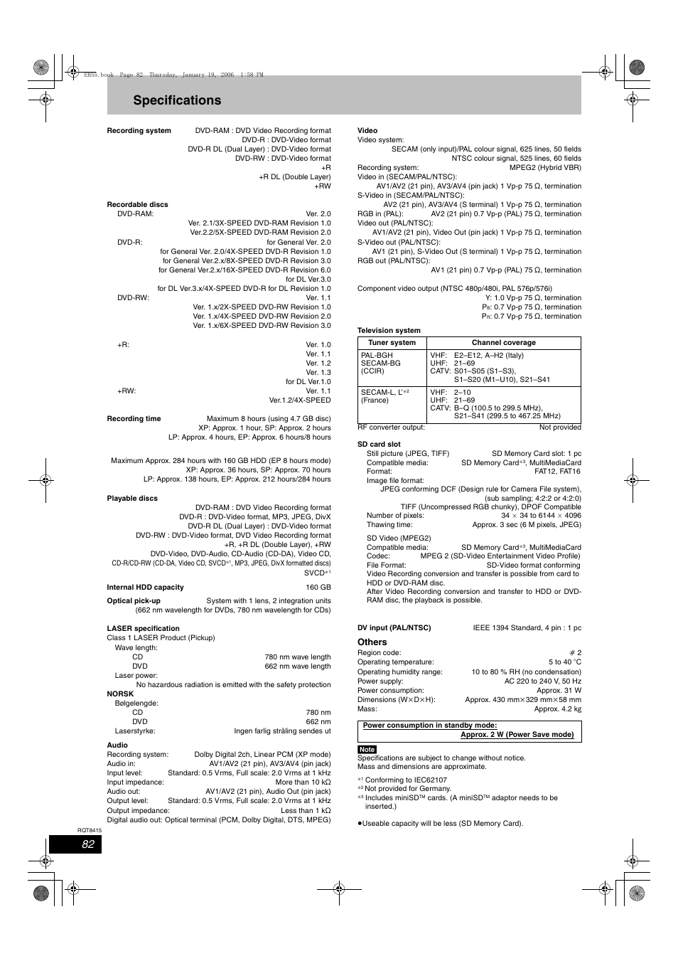 Specifications | Panasonic DMR-EH55 User Manual | Page 82 / 84