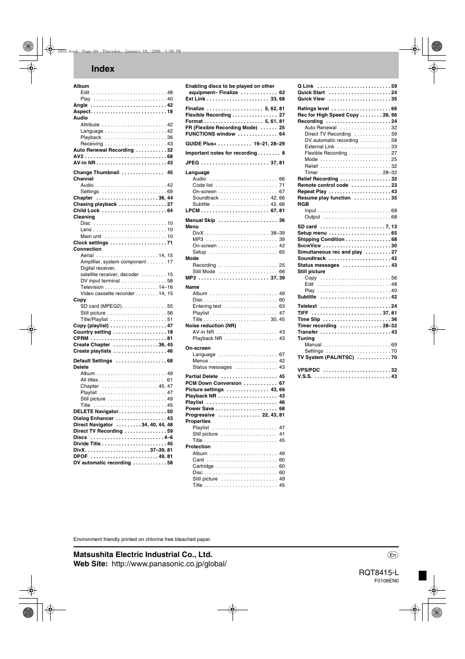 Index | Panasonic DMR-EH55 User Manual | Page 84 / 84