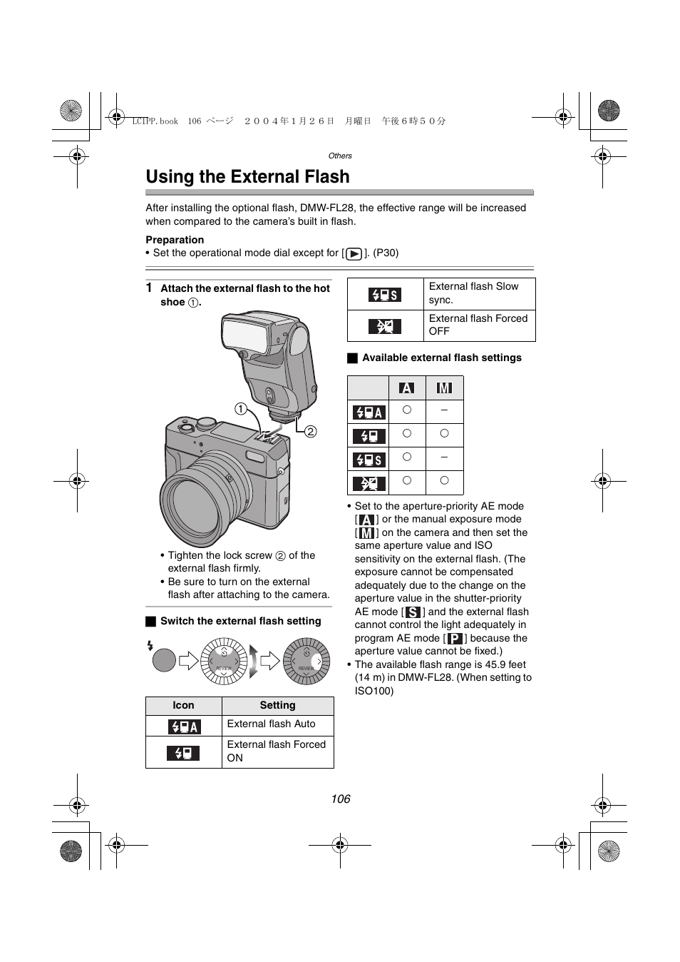 Others, Using the external flash | Panasonic DMC-LC1PP User Manual | Page 106 / 140