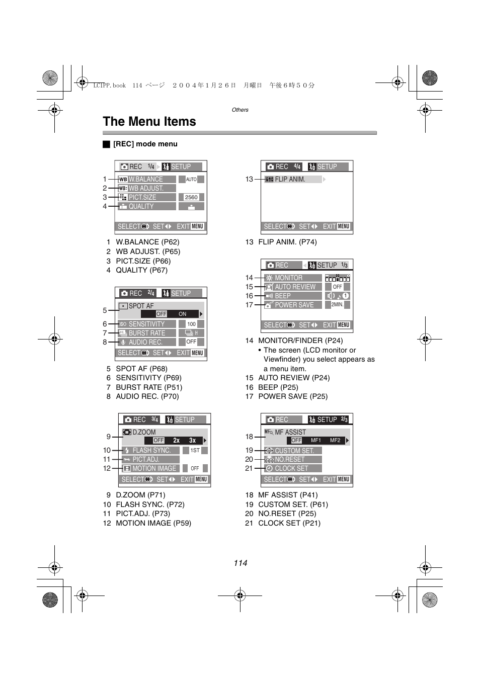 The menu items | Panasonic DMC-LC1PP User Manual | Page 114 / 140