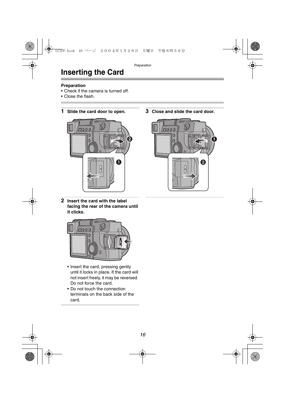 Inserting the card | Panasonic DMC-LC1PP User Manual | Page 16 / 140