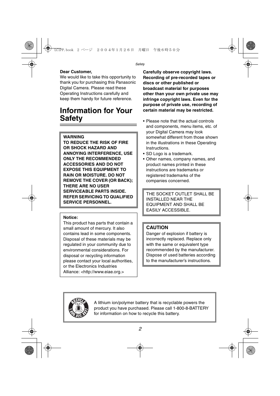 Safety, Information for your safety | Panasonic DMC-LC1PP User Manual | Page 2 / 140