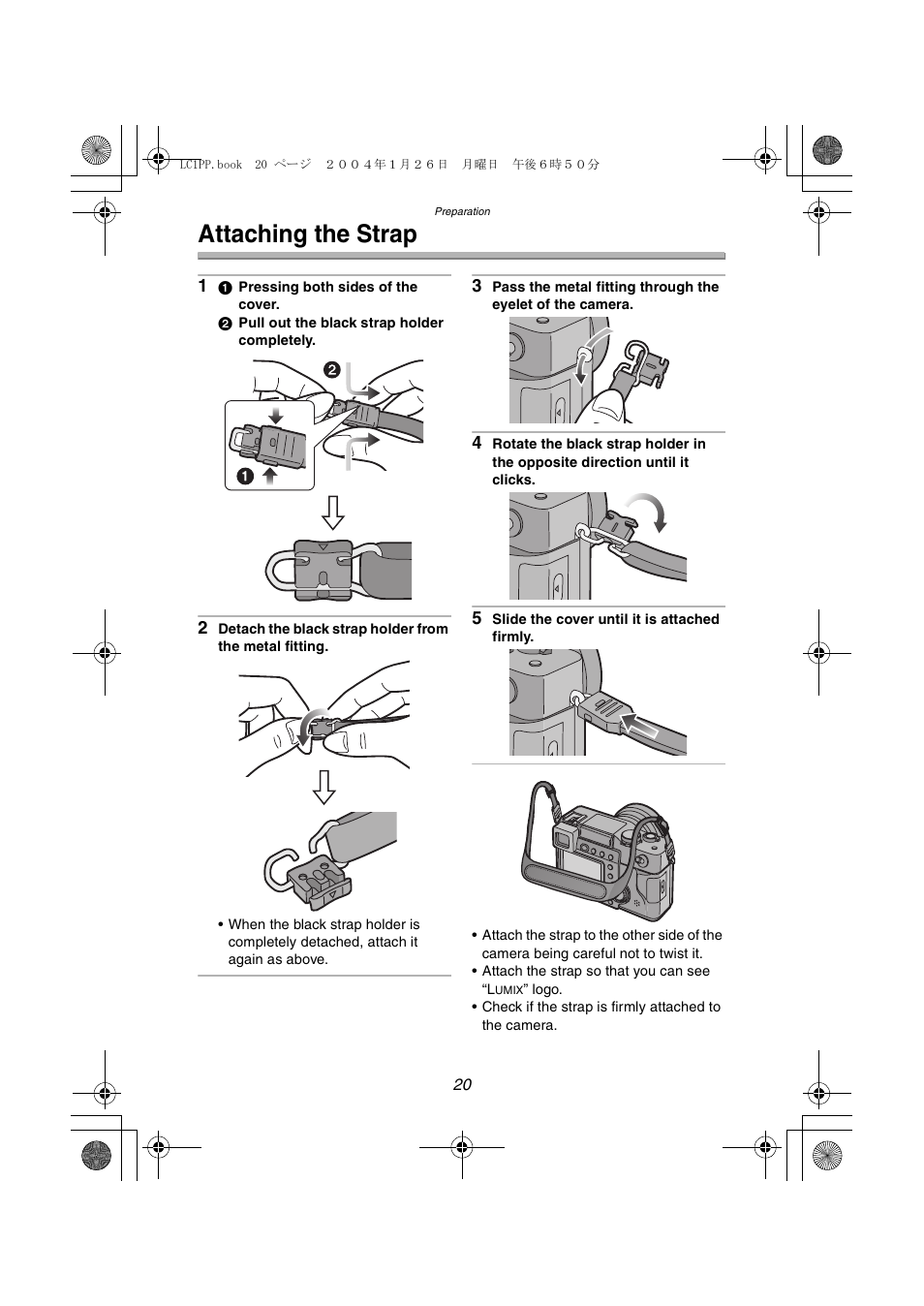 Attaching the strap | Panasonic DMC-LC1PP User Manual | Page 20 / 140