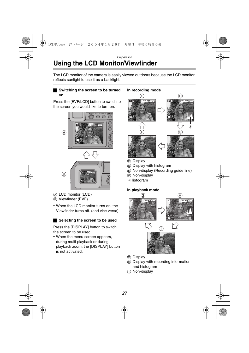 Using the lcd monitor/viewfinder | Panasonic DMC-LC1PP User Manual | Page 27 / 140