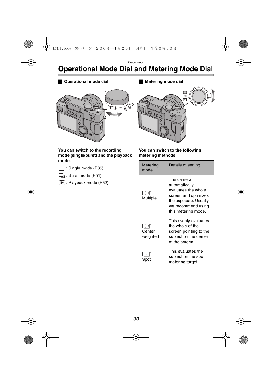 Operational mode dial and metering mode dial | Panasonic DMC-LC1PP User Manual | Page 30 / 140