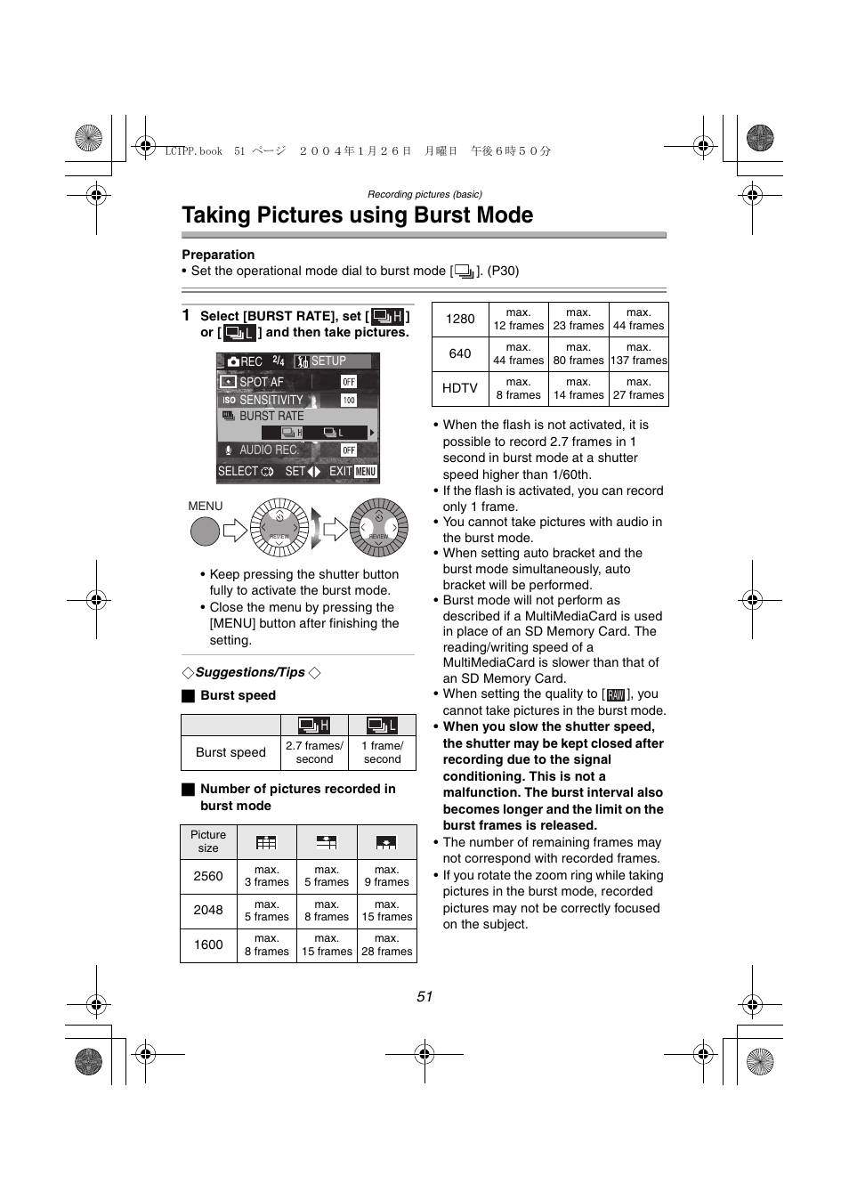 Taking pictures using burst mode | Panasonic DMC-LC1PP User Manual | Page 51 / 140