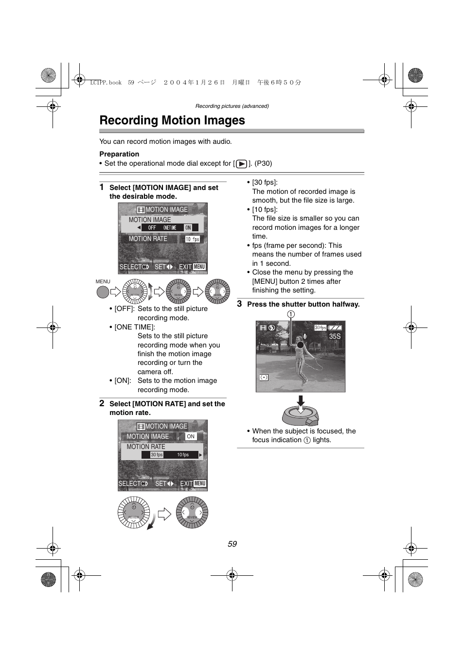 Recording pictures (advanced), Recording motion images | Panasonic DMC-LC1PP User Manual | Page 59 / 140