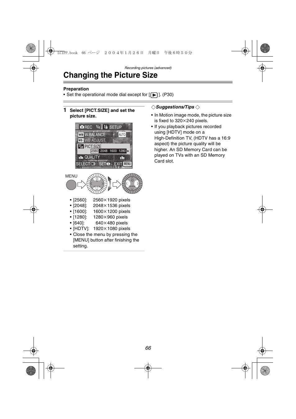 Changing the picture size | Panasonic DMC-LC1PP User Manual | Page 66 / 140