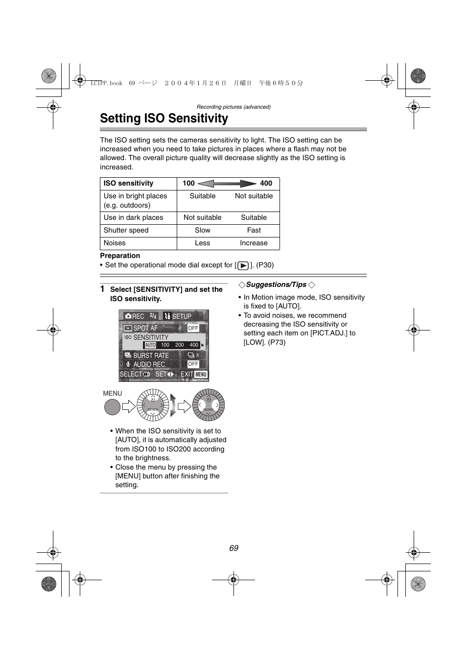 Setting iso sensitivity | Panasonic DMC-LC1PP User Manual | Page 69 / 140