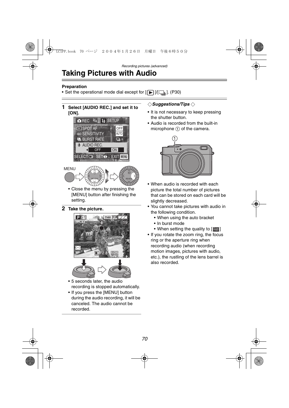 Taking pictures with audio | Panasonic DMC-LC1PP User Manual | Page 70 / 140