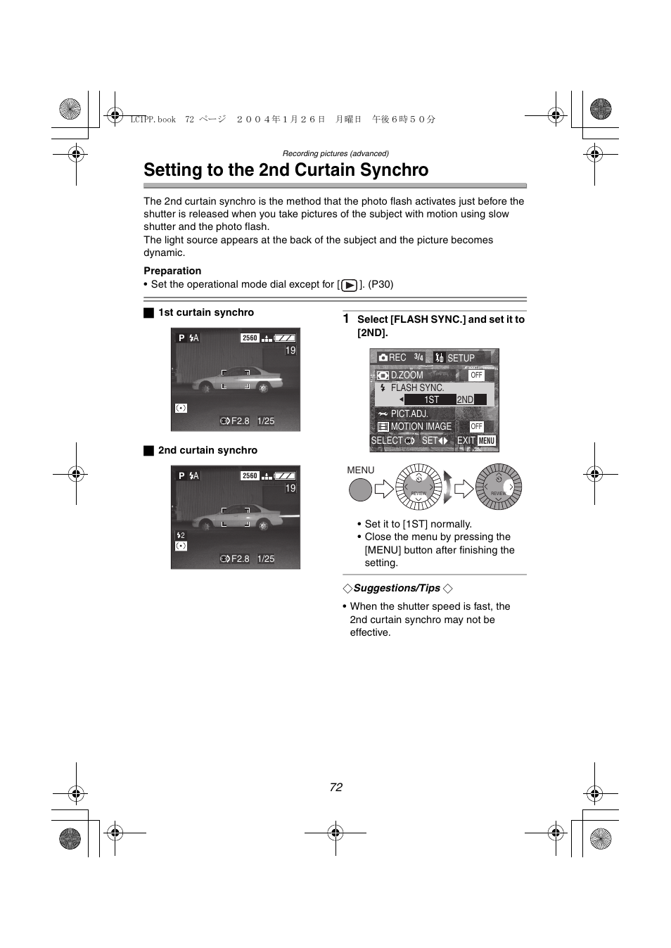 Setting to the 2nd curtain synchro | Panasonic DMC-LC1PP User Manual | Page 72 / 140