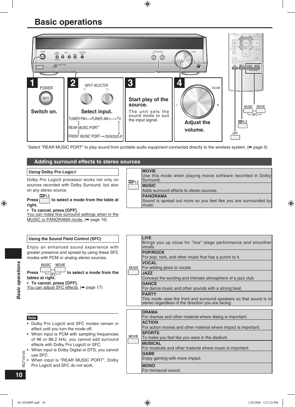 Operations, Basic operations, Switch on. select input. start play of the source | Adjust the volume, Adding surround effects to stereo sources | Panasonic SC-HT40 User Manual | Page 10 / 24