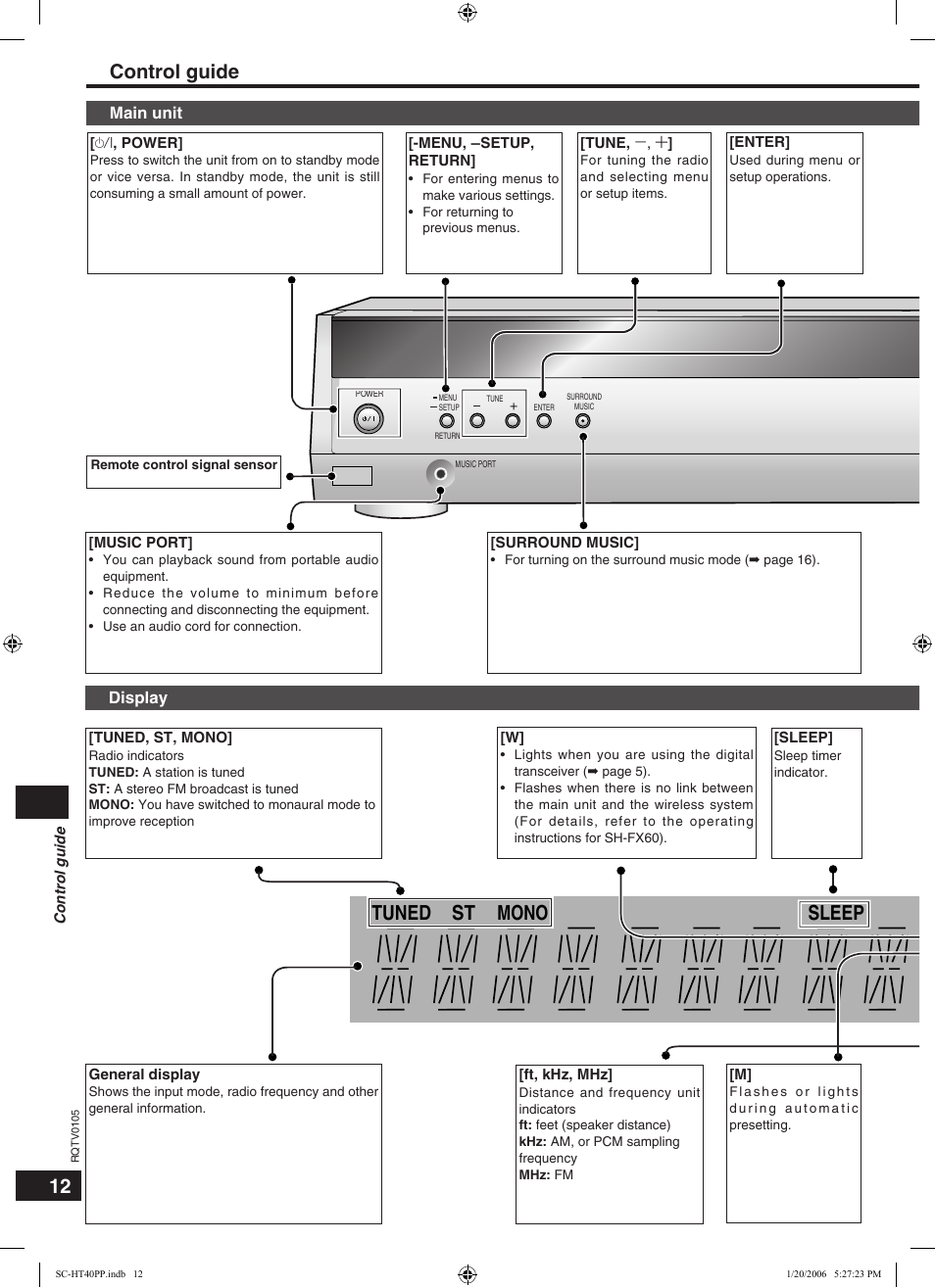 Digital input digital dts pl 2ch mix sfc, C.focus, Tuned mono sleep pcm st ft khz mhz | Control guide | Panasonic SC-HT40 User Manual | Page 12 / 24