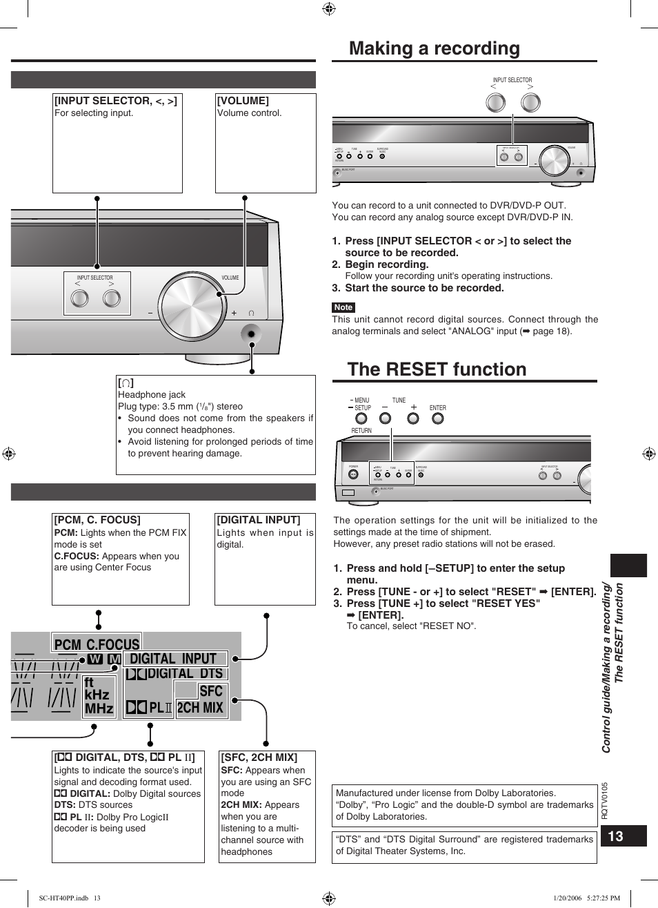 Making a recording, The reset function, Digital input digital dts pl 2ch mix sfc | C.focus, Tuned mono sleep pcm st ft khz mhz, Main unit, Display | Panasonic SC-HT40 User Manual | Page 13 / 24