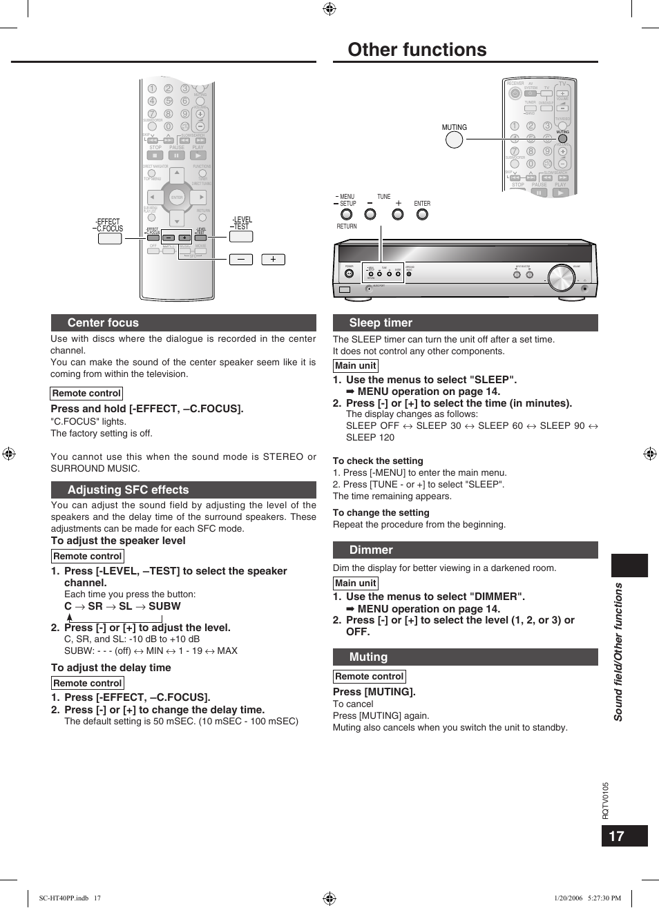 Other functions, Adjusting sfc effects, Center focus | Dimmer, Sleep timer, Muting, Sound ﬁeld/other functions, Press and hold [-effect, ―c.focus, Press [muting, Each time you press the button | Panasonic SC-HT40 User Manual | Page 17 / 24