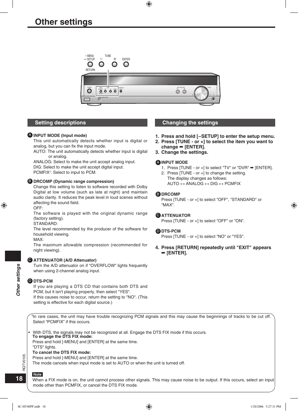 Other settings, Setting descriptions, Changing the settings | Panasonic SC-HT40 User Manual | Page 18 / 24