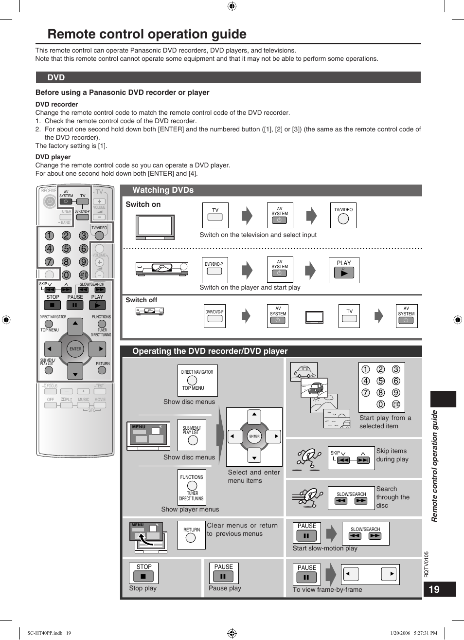 Remote control operation guide, Dvd watching dvds, Operating the dvd recorder/dvd player | Switch on | Panasonic SC-HT40 User Manual | Page 19 / 24