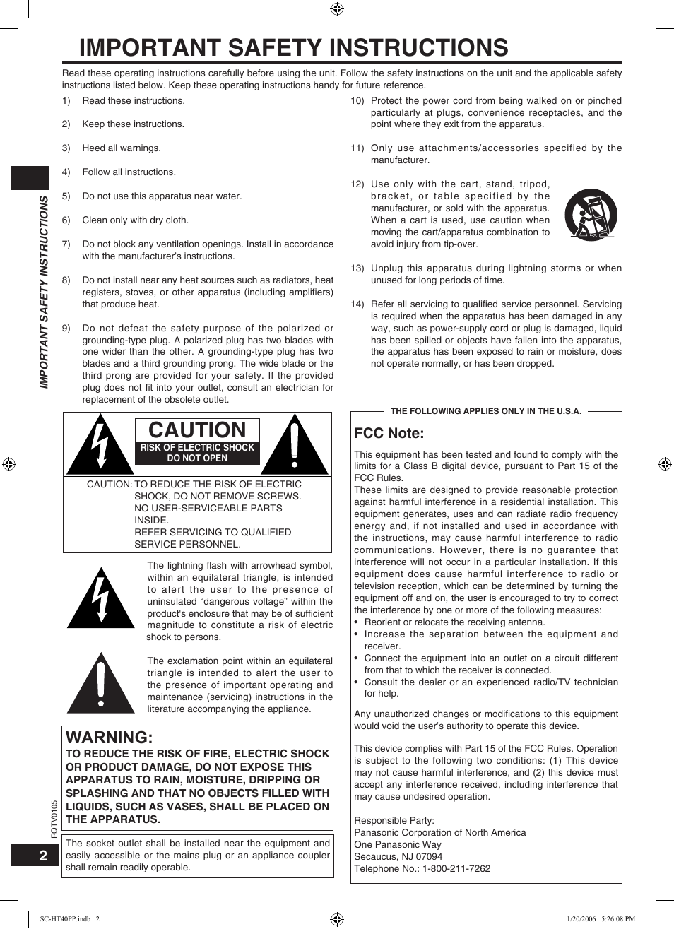 Before use, Important safety instructions, Caution | Warning | Panasonic SC-HT40 User Manual | Page 2 / 24