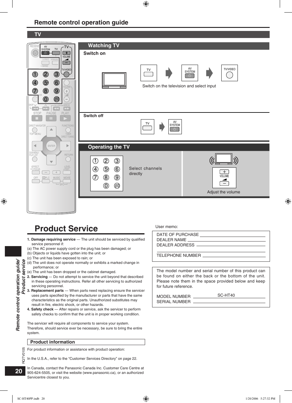Product service, Remote control operation guide, Tv watching tv | Operating the tv | Panasonic SC-HT40 User Manual | Page 20 / 24