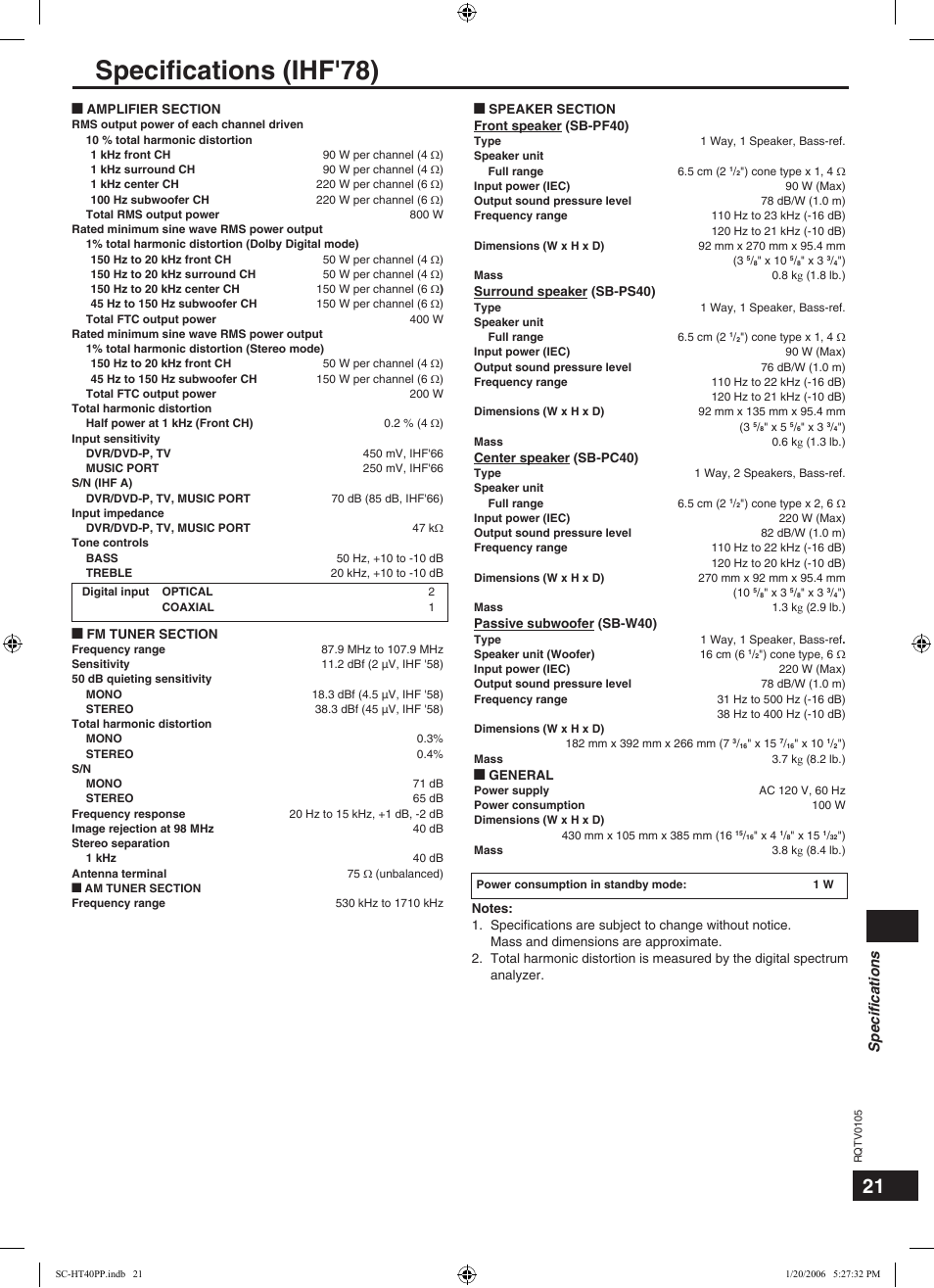 Reference, Specifications, Speciﬁcations (ihf'78) | Speciﬁcations | Panasonic SC-HT40 User Manual | Page 21 / 24