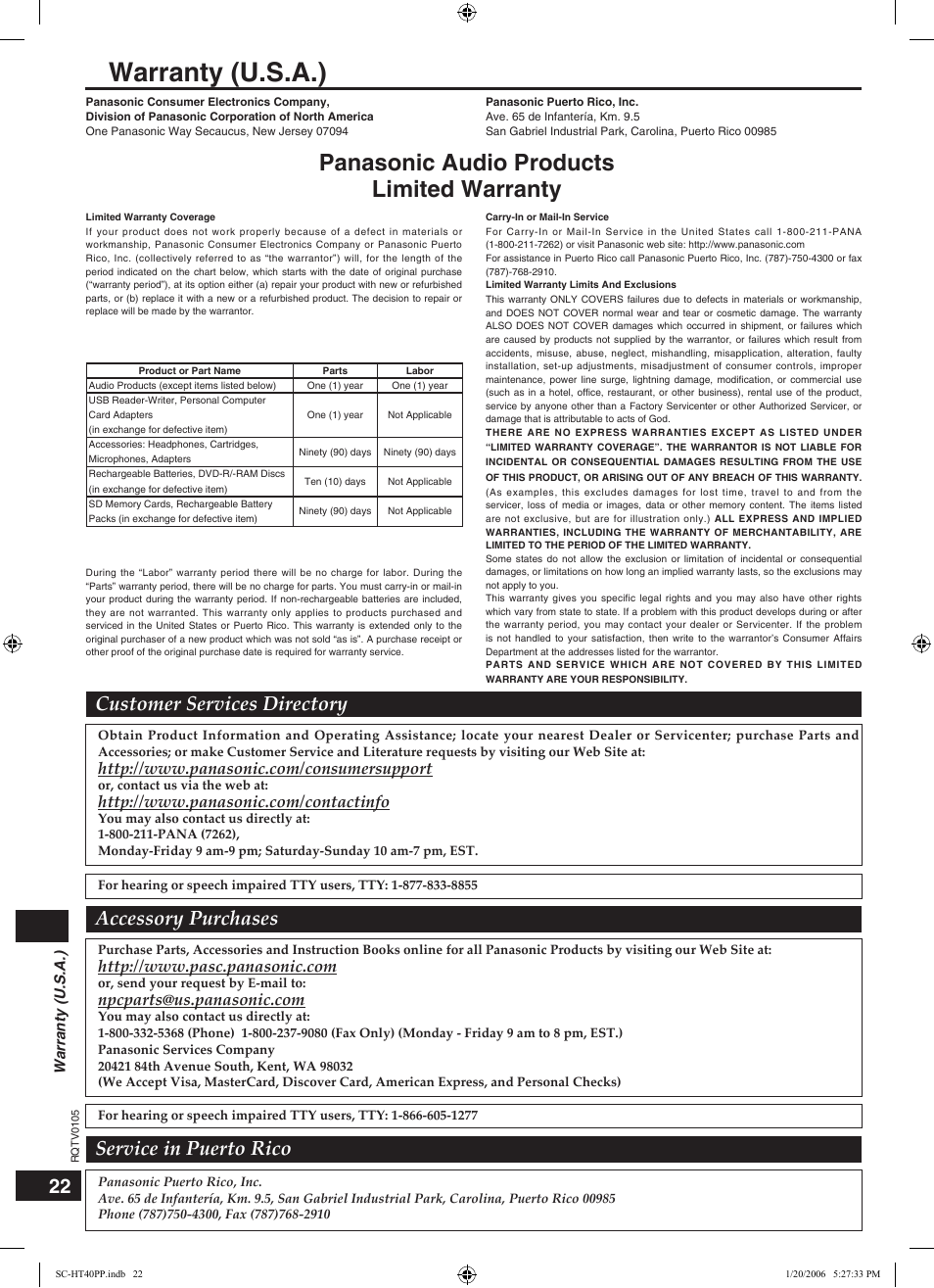 Warranty (u.s.a.), Panasonic audio products limited warranty, Customer services directory | Accessory purchases, Service in puerto rico | Panasonic SC-HT40 User Manual | Page 22 / 24