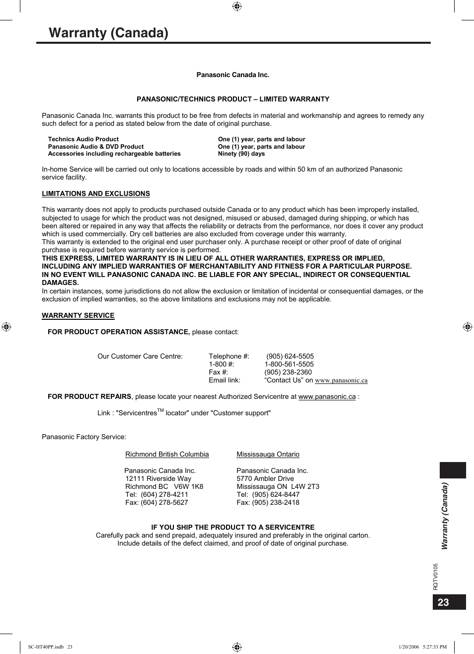 Warranty (canada) | Panasonic SC-HT40 User Manual | Page 23 / 24