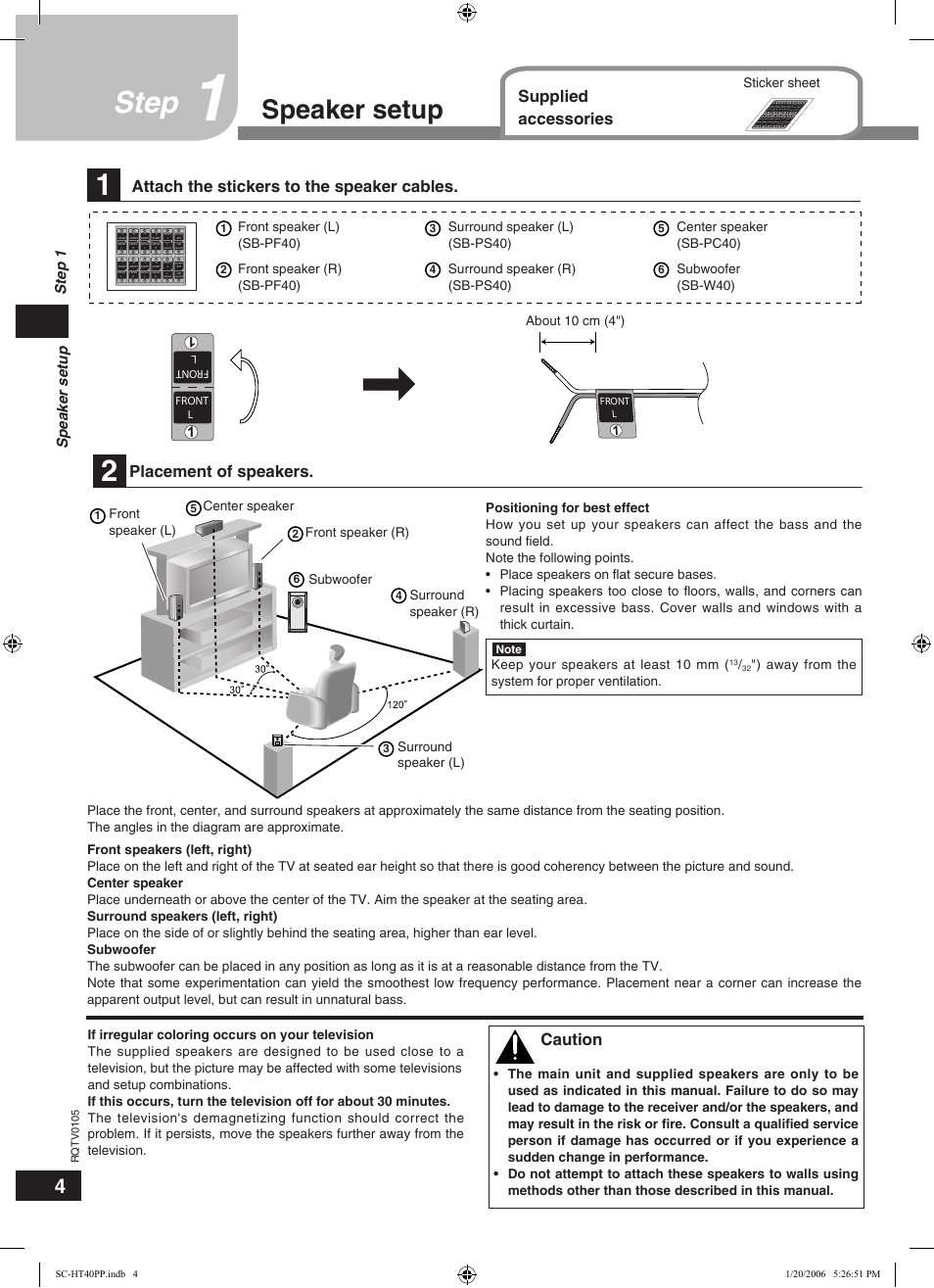 Step, Speaker setup, Supplied accessories | Attach the stickers to the speaker cables, Placement of speakers, Caution, Speaker setup step 1 | Panasonic SC-HT40 User Manual | Page 4 / 24